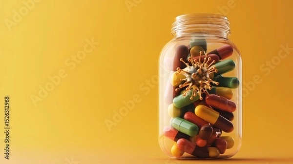 Fototapeta Vitamin capsules in a clear bottle with immune system icons and protective shield graphics