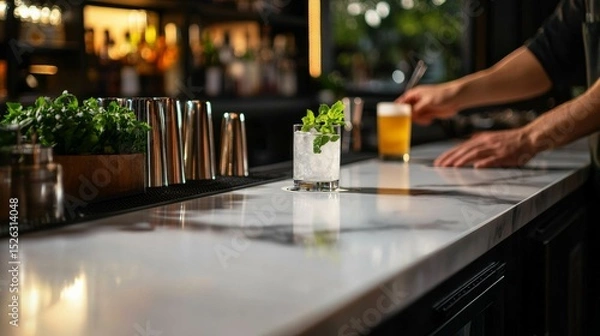 Fototapeta bartender placing drink on marble bar top, moody lighting, focus on drink detail