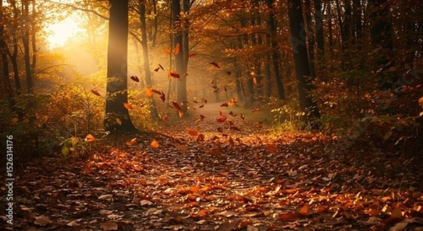 Fototapeta Autumn leaves fall on the silent forest path. 