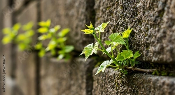Fototapeta Green plants grow on the old, rough-textured stone walls. 