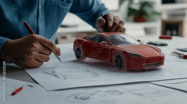 Fototapeta blueprint and technical drawings of new car model on table, automotive engineers pointing and taking notes, clean bright design room