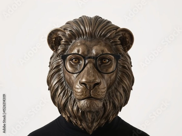 Fototapeta A bronze lion statue wearing glasses and a black turtleneck, centered.