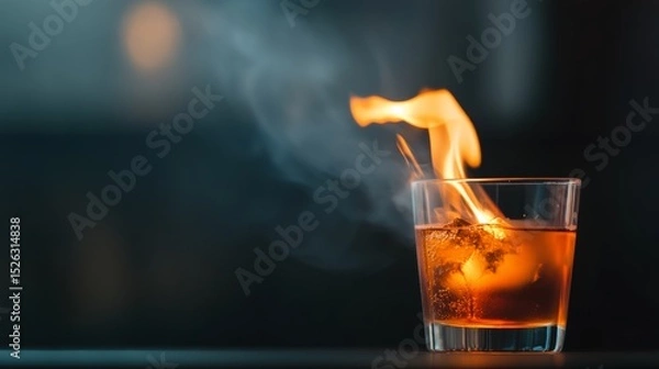 Fototapeta close-up of cocktail being flamed, intense focus, low light mood, high contrast