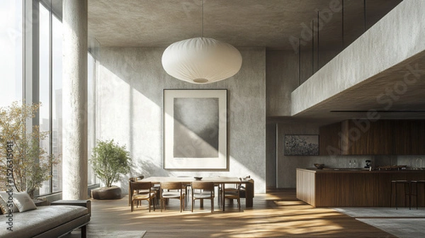 Fototapeta modern dining area with high ceilings, large windows, and elegant decor creates serene