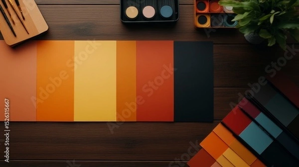 Fototapeta flat lay of printed logo samples, color swatches, and branding toolkit