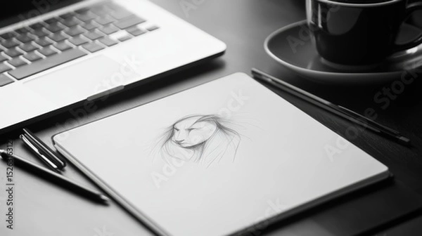 Fototapeta logo sketching and design process on notebook and digital tablet