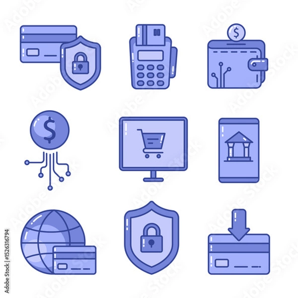 Fototapeta et of icons online payment systems, focusing on security, digital transactions, and e-commerce shopping experience. 
