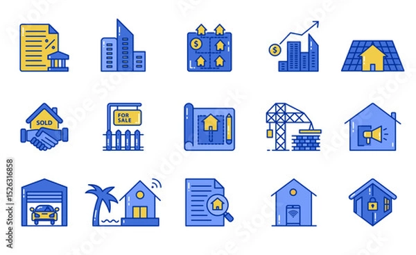 Fototapeta set of real estate icons buying, selling, and constructing homes, such as contracts, houses for sale, construction cranes, blueprints, real estate icon collection