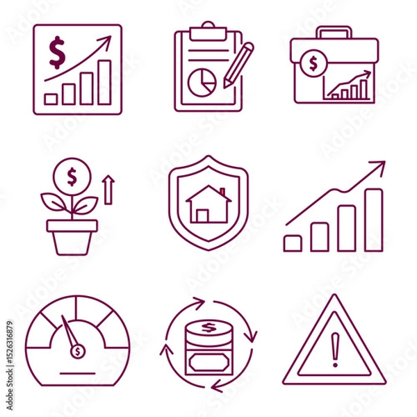 Fototapeta minimalist line-style finance icon set featuring economic growth, financial reports, investment protection, savings, credit score, data flow, and financial risks."