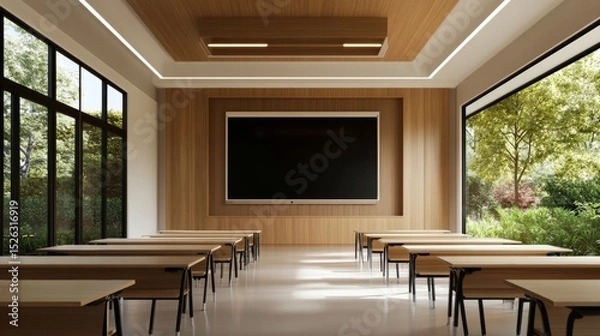 Fototapeta modern classroom interior with interactive smartboard and tech desks, minimalistic design, LED lighting