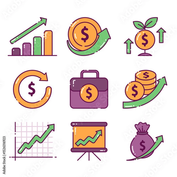 Fototapeta set of vector icons representing the concept of return on investment, including money, growth charts, and business symbols.
