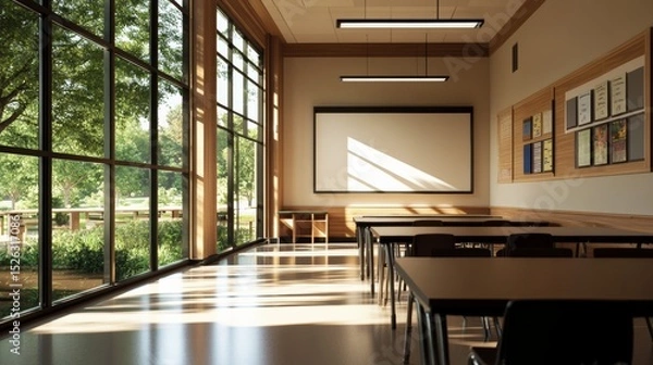 Fototapeta modern classroom interior with interactive smartboard and tech desks, minimalistic design, LED lighting