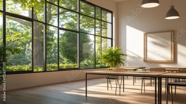 Fototapeta modern classroom interior with sunlight through large windows, clean and organized design, neutral colors and ergonomic furniture