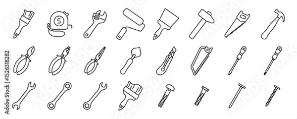 Fototapeta Construction tools vector icon set. Adjustable wrench, brush, roller, hammer and nails. Screw, nut and bolt. Tape measure, screwdriver, putty knife, saw, pliers and wire cutters