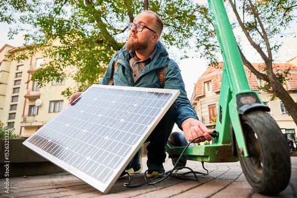 Fototapeta Man connects solar panel to electric scooter for charge, highlighting practical application of sustainable renewable energy. Concept of integration of eco-friendly technology in urban transportation.
