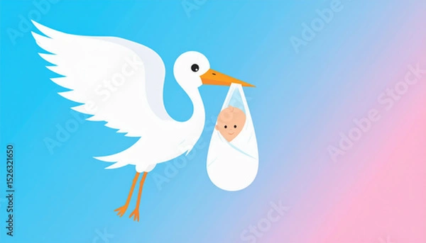 Obraz Stork delivering newborn baby boy wrapped in white blanket on blue and pink gradient background, newborn concept.