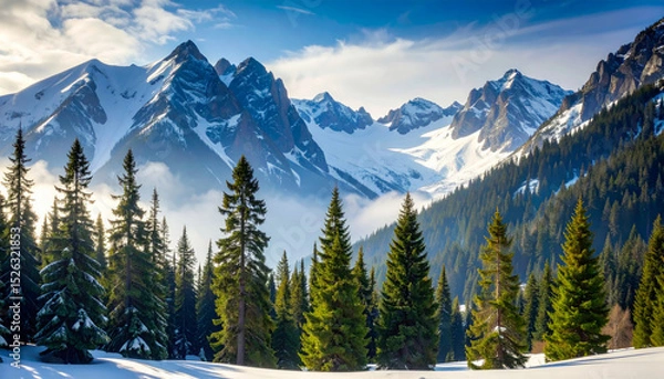 Obraz Stunning winter landscape with snow covered fir trees and majestic rocky mountains in the background