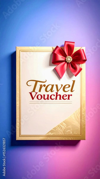 Obraz Golden travel voucher with red bow on colorful gradient background