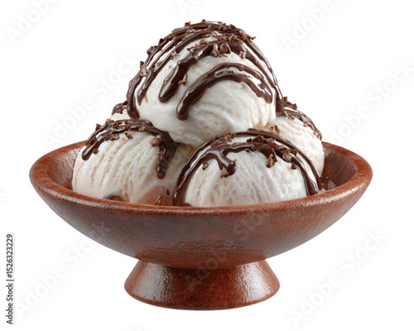 Fototapeta Creamy vanilla ice cream scoops drizzled with rich chocolate sauce, served in wooden bowl. This delightful dessert is perfect for any occasion, evoking feelings of joy and indulgence