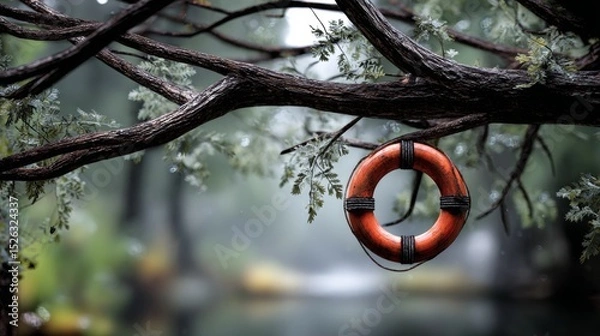 Obraz A lifebuoy stuck in tree branches, symbolizing survival out of reach.