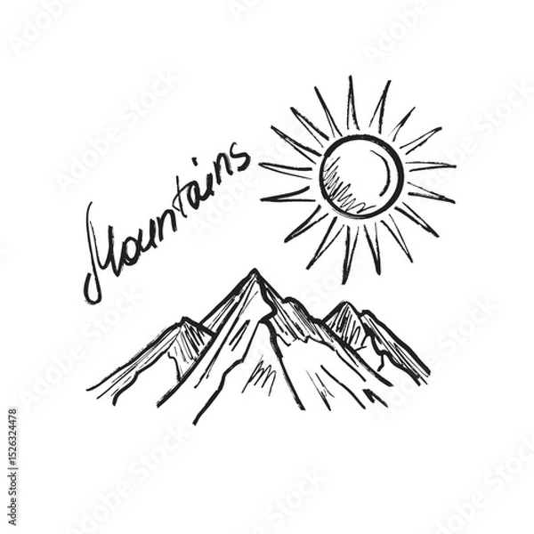Fototapeta Mountain range landscape with sun shining in black brush stroke texture isolated on white. Hand drawn vector sketch illustration in vintage charcoal ink. Everest Mountain card, invitation design