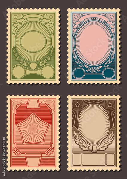 Obraz Retro Propaganda Postage Stamps. Decorative Linocut Backgrounds, Vector Templates for Propaganda Posters, Covers, Illustrations