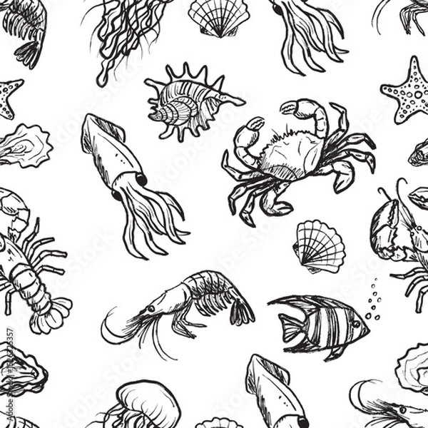 Fototapeta Seamless pattern with marine animals - lobster, jellyfish, shrimp, crab, squid, oyster in black brush stroke texture isolated on white. Hand drawn vector sketch illustration in vintage charcoal ink