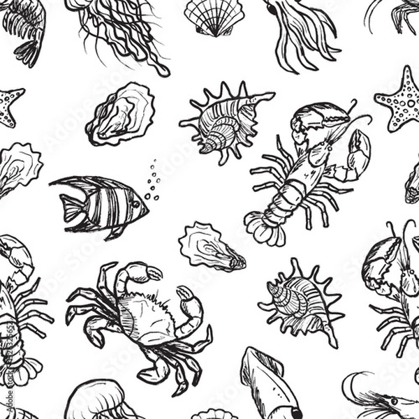 Fototapeta Seamless pattern with marine animals - lobster, jellyfish, shrimp, crab, squid, oyster in black brush stroke texture isolated on white. Hand drawn vector sketch illustration in vintage charcoal ink