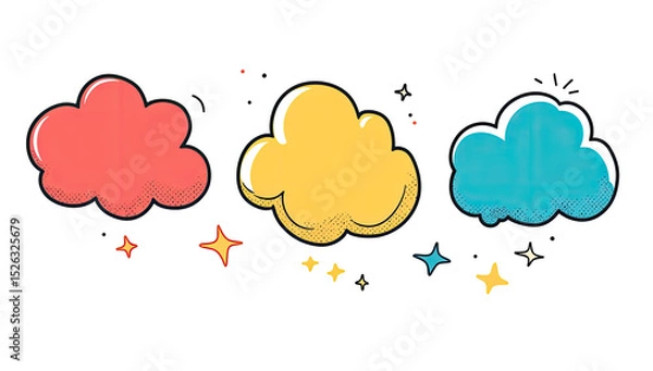 Fototapeta Three colorful cartoon clouds with sparkling effects