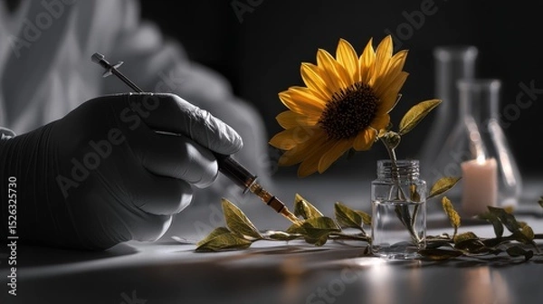 Obraz A scientist injecting ink into a sunflower. Concept of altered nature.