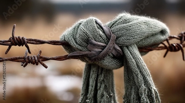 Obraz A scarf caught on barbed wire, symbolizing tenderness entangled in pain.