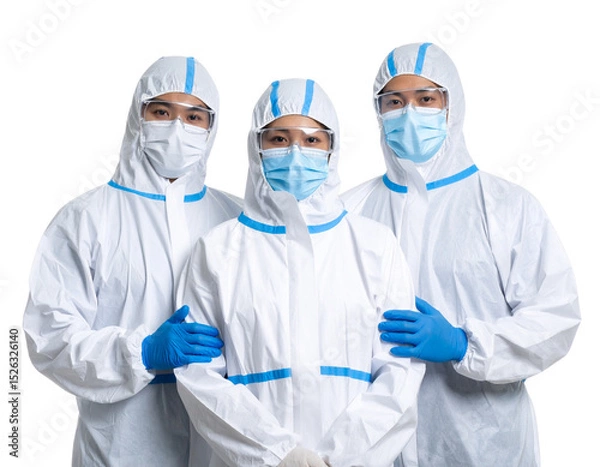 Fototapeta Three medical professionals wearing full protective suits, masks, gloves, and goggles, standing close together and looking at the camera.