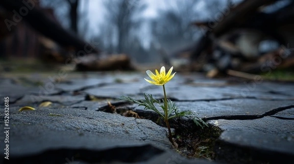 Obraz A single flower blooming through cracked pavement, with remnants of storm debris in the background.