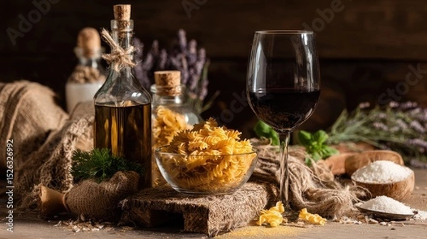 Obraz Rustic Italian Dining Experience: Pasta, Wine, and Olive Oil on a Charming Wooden Table
