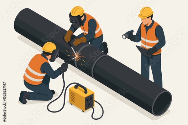 Fototapeta Industrial welders constructing an oil or gas pipeline. A team of workers in protective gear joining metal pipes while a supervisor performs quality control inspection.