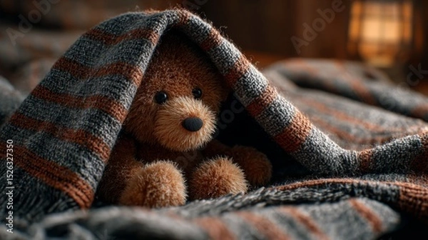 Obraz A teddy bear under a rescue blanket, symbolizing comfort during chaos.