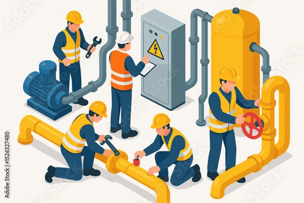 Fototapeta Isometric industrial scene with a team of technicians working on machinery. Engineers doing maintenance and repairing a pipeline, motor, and electrical panel. Factory teamwork concept.