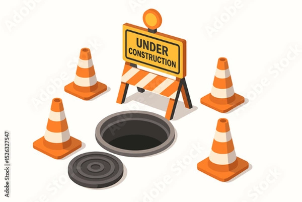 Obraz Under construction concept with open manhole, safety cones, and barrier sign. Isometric vector illustration for road work, street repair, urban maintenance, and hazard warning.