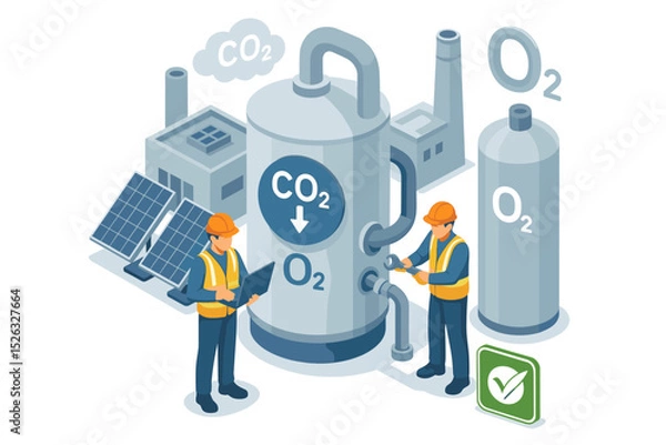 Obraz Isometric vector illustration of carbon capture technology with engineers at a factory. CO2 removal and conversion to oxygen using solar power for decarbonization and climate solutions.