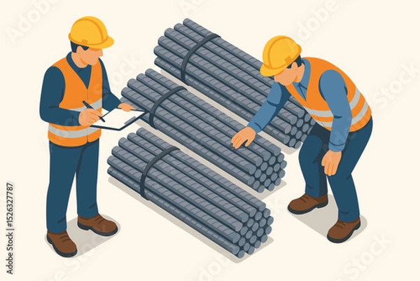 Obraz Construction quality control concept with two workers inspecting steel rebar. Isometric vector of engineer with clipboard checking building materials. Reinforcement bars inventory.