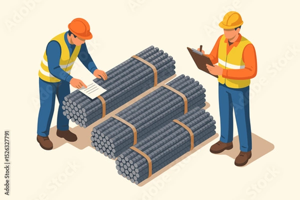 Obraz Isometric illustration of construction workers doing quality control inspection on rebar. Engineer with clipboard checking steel reinforcement. Building materials and logistics concept.