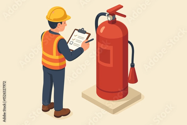 Fototapeta Fire safety inspection concept. Engineer inspecting fire extinguisher equipment. Worker in hard hat with clipboard and checklist. Industrial safety, maintenance and protection. Isometric vector.