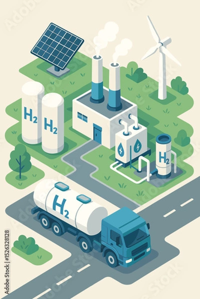 Obraz Green hydrogen energy production concept. Isometric factory using renewable power from solar panels and wind turbine. H2 fuel generation via electrolysis, storage and transport.