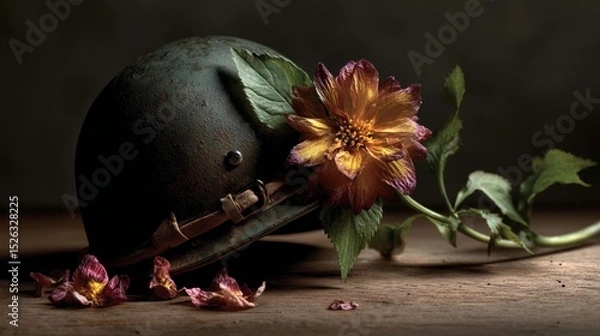 Obraz A wilted flower on a soldiers helmet, symbolizing grief and honor.