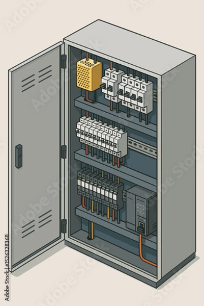 Obraz Electrical control cabinet isometric vector. Industrial switchboard with circuit breakers, PLC controller for smart factory automation. Power distribution panel illustration.