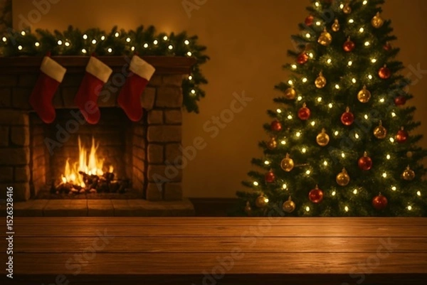 Fototapeta cozy holiday setting featuring beautifully decorated Christmas tree warm fireplace. soft glow of festive lights creates a welcoming atmosphere, with ample copy space for seasonal messages or designs.