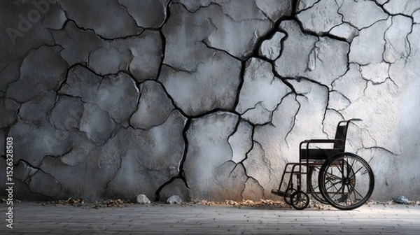 Obraz A wheelchair by a cracked wall, symbolizing vulnerability in crisis.