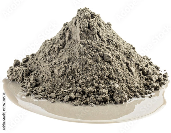 Fototapeta A mound of fine gray powder rests on a shallow ceramic dish, showing a dry, crumbly texture with small clumps and loose particles at the base.