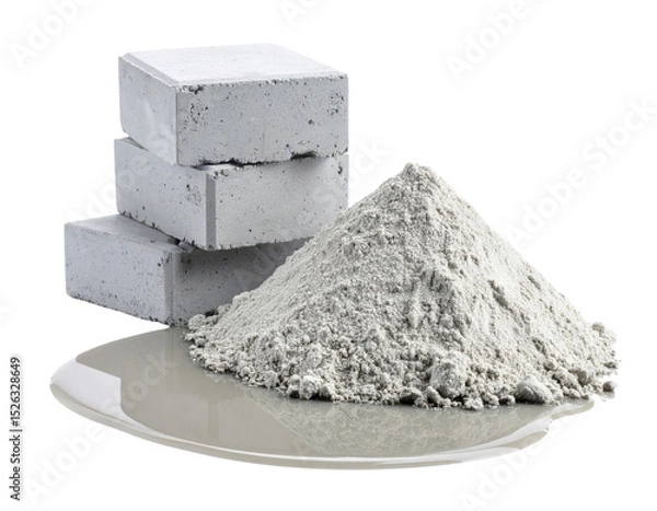 Fototapeta Three stacked concrete blocks and a pile of fine grey cement powder resting on a reflective surface.