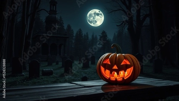 Fototapeta haunting Halloween scene featuring glowing jack-o'-lantern with flickering candles, set against spooky forest under full moon. Pumpkins rest in misty graveyard, creating an eerie mysterious atmosphere